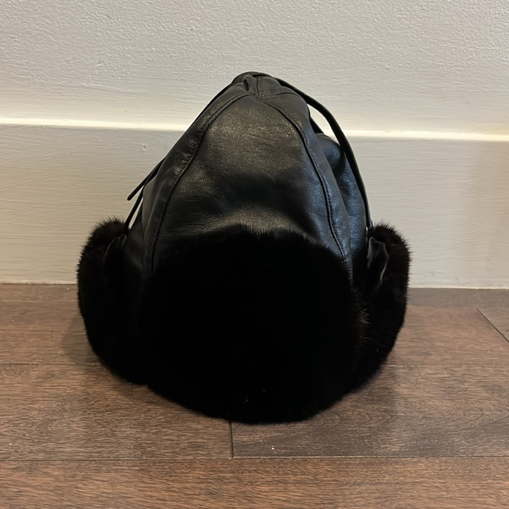 NEW MINK leather trapper hat, black, lined with real ethical fur